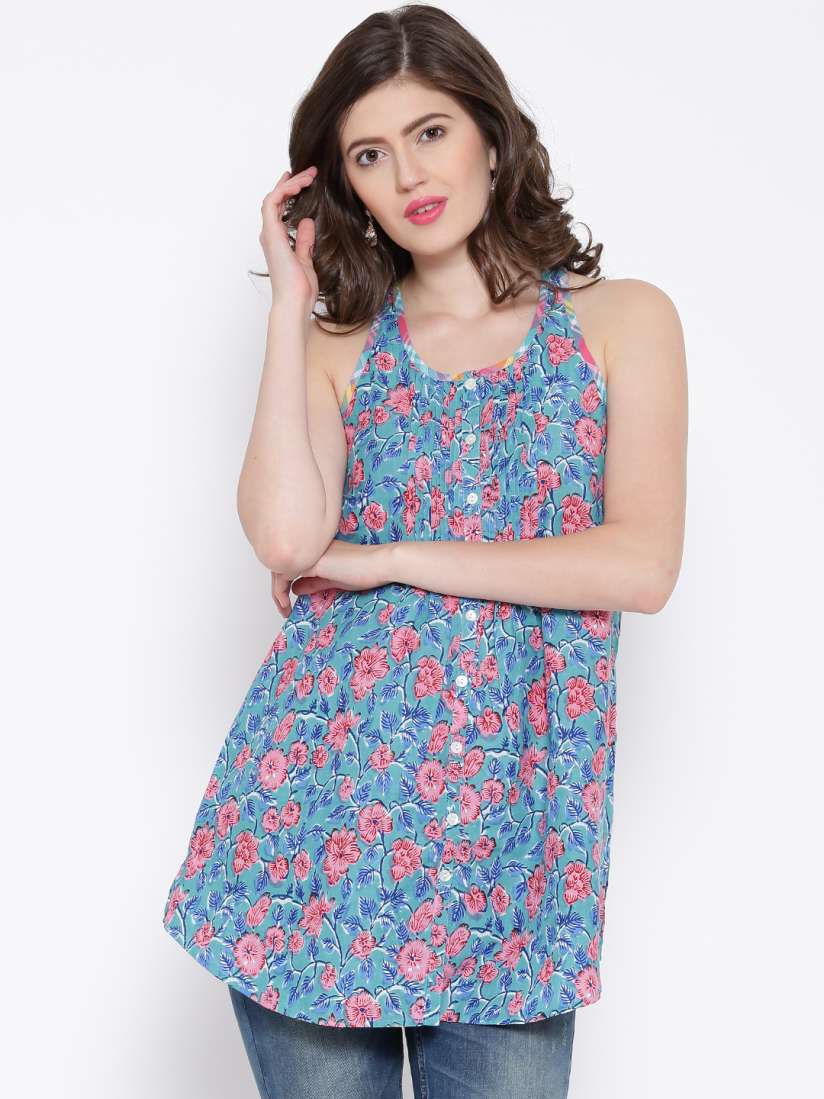 Buy BIBA Blue Tropical Print A Line Kurti Kurtis for Women 1314199 Myntra