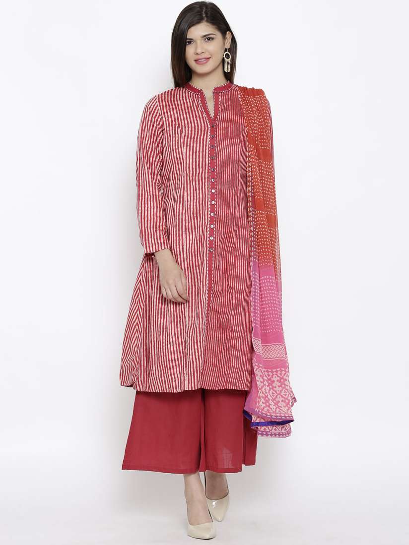 Buy BIBA Red Striped A Line Kurta with Palazzo Trousers Dupatta Kurta Sets for Women 1314287 Myntra