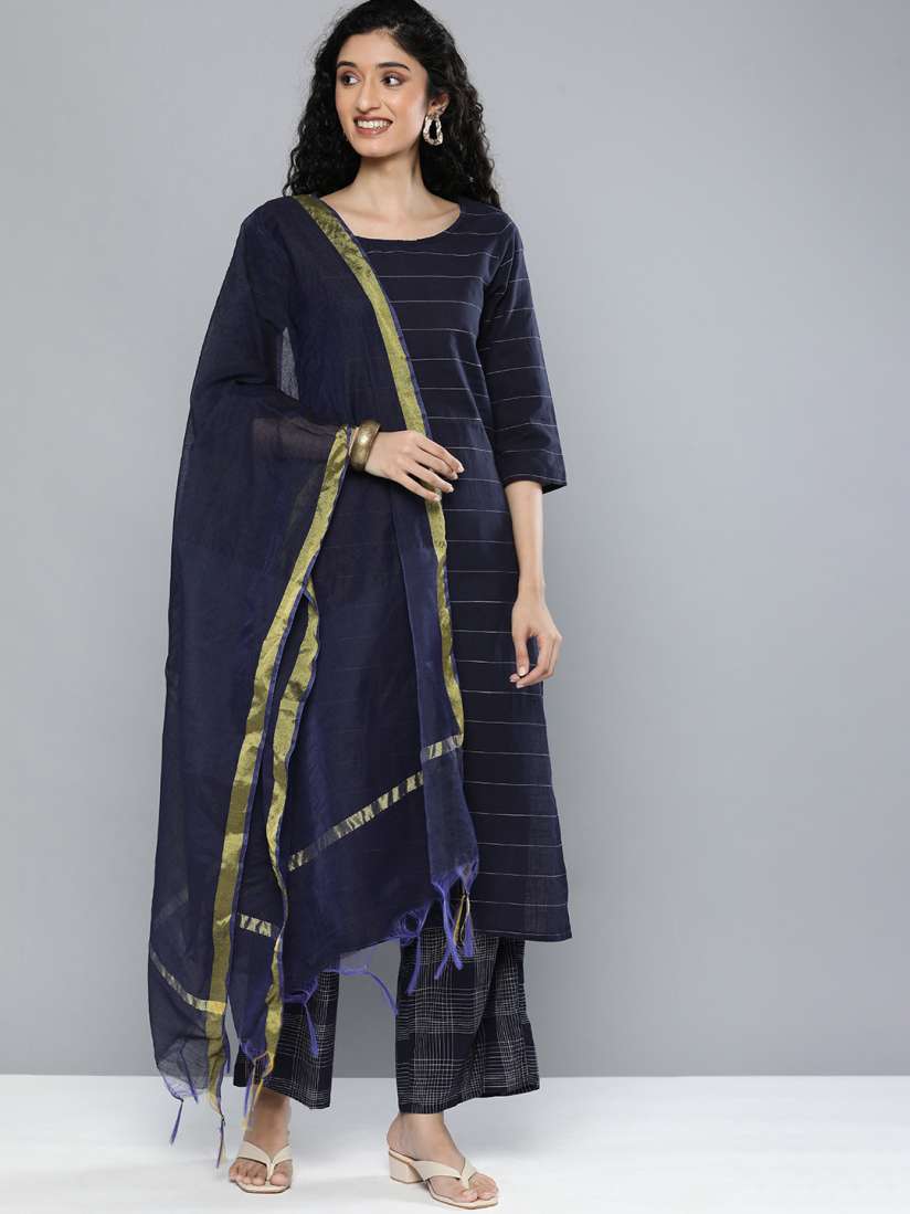 Buy Vishudh Women Navy Blue Off White Striped Kurta with Palazzo Dupatta Kurta Sets for Women 13144824 Myntra