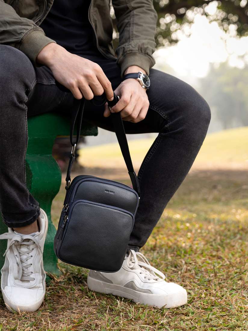MAI SOLI Men Navy Genuine Leather Hiker Crossbody Bag