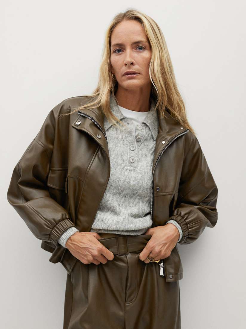 Buy MANGO Women Olive Green Faux Leather Solid Biker Jacket Jackets for Women 13170116 Myntra