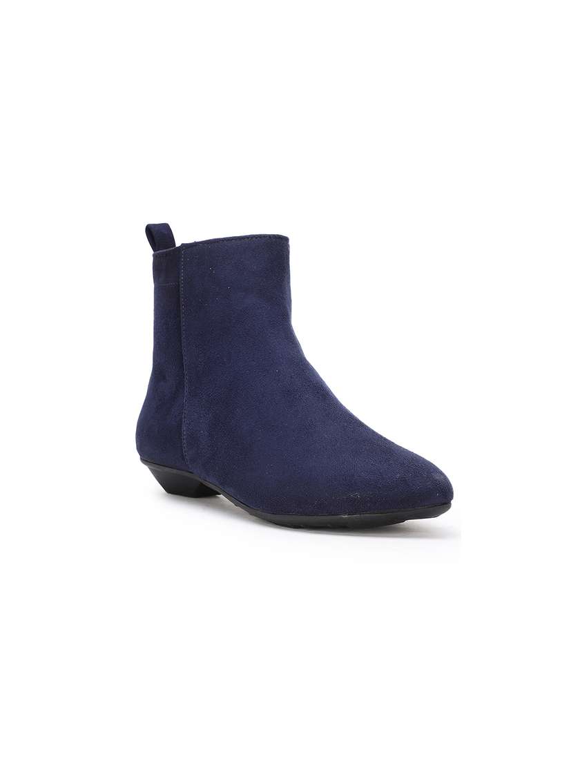 Myntra Navy Heeled Boots Women Camel Flared Heel High Ankle Suede