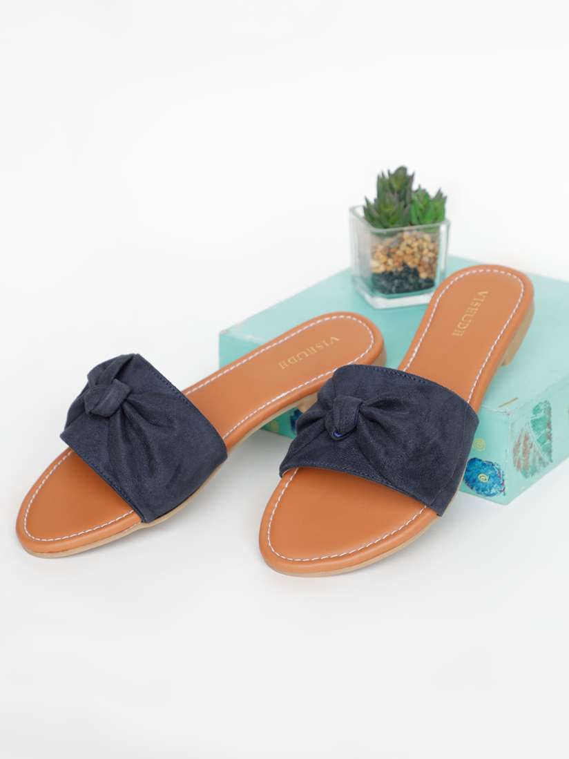Navy blue peep toe flats top