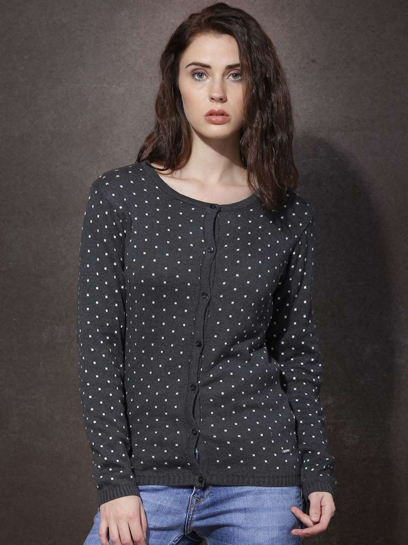 Buy Roadster Women Charcoal Grey White Cardigan Sweaters for