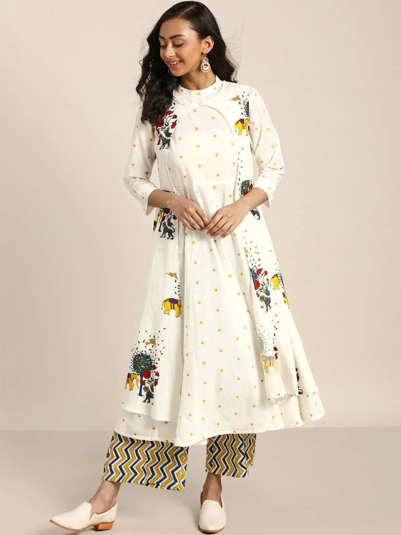 Buy Sangria Women Off White Yellow Printed Pure Cotton Anarkali Kurta with Palazzos Kurta Sets for Women 13290224 Myntra