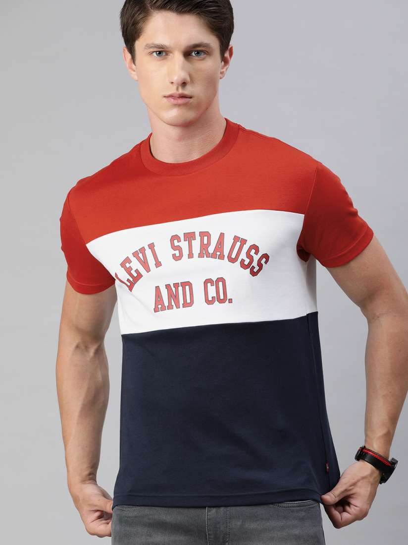Buy Levis Men Red Navy Blue Colourblocked Round Neck Pure Cotton T shirt with Logo Print Tshirts for Men 13298386 Myntra