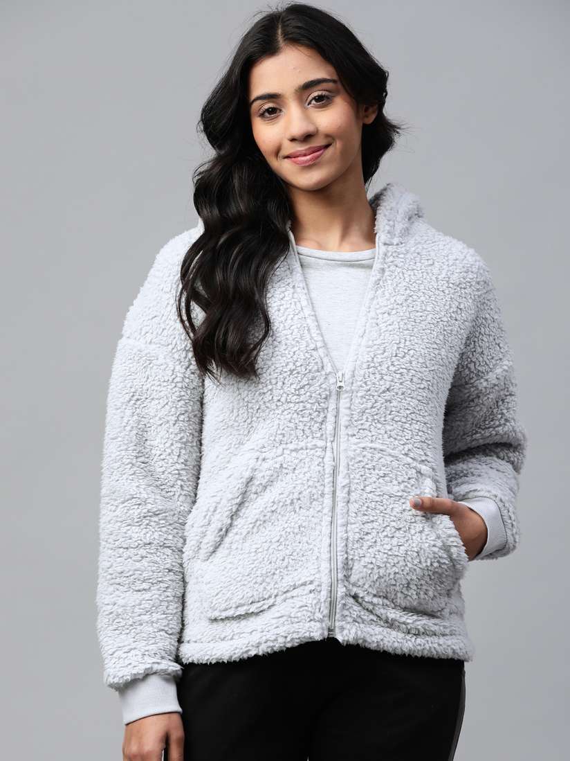 Buy Marks Spencer Women Grey Faux Fur Detail Tailored Hooded Sherpa Lounge Jacket Jackets for Women 13304308 Myntra