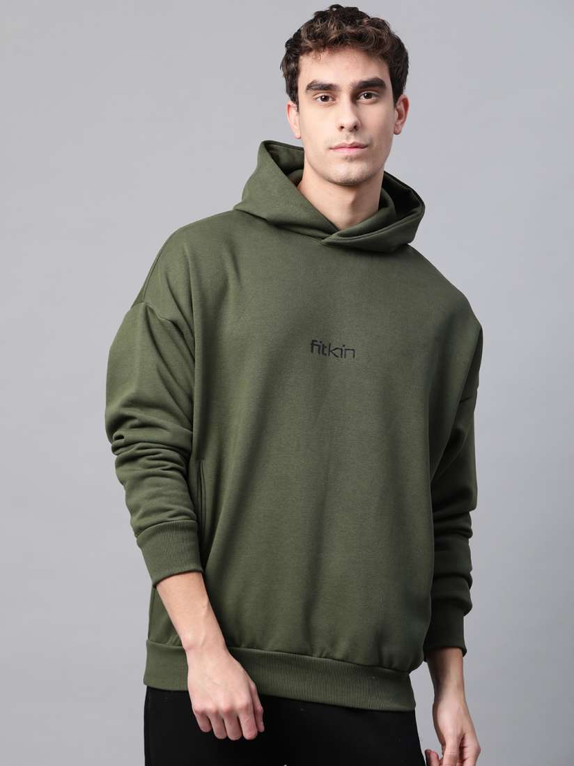 Buy Fitkin Men Olive Green Black Solid Hooded Winter Sweatshirt With Brand Logo Print Detail Sweatshirts for Men 13305356 Myntra