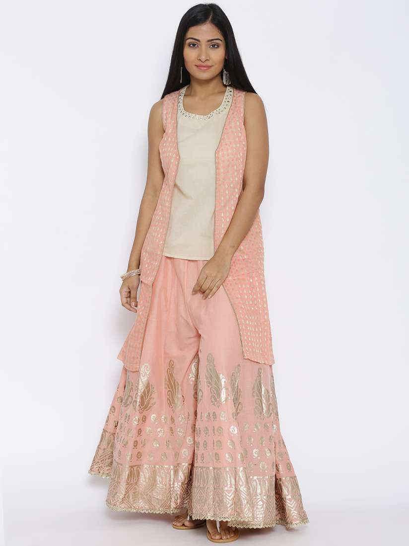 Buy BIBA Beige Peach Coloured Printed Top with Sharara Pants Jacket Kurta Sets for Women 1331324 Myntra