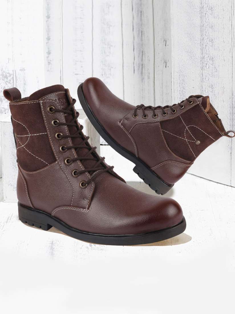 Buy FAUSTO Men Brown Solid Leather High Top Flat Boots Boots for Men 13313398 Myntra