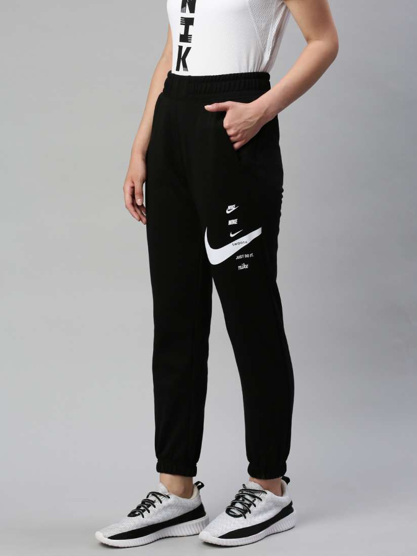 Buy Nike Women Black Solid Straight Fit Swoosh Joggers With Printed Detailing Track Pants for Women 13325232 Myntra