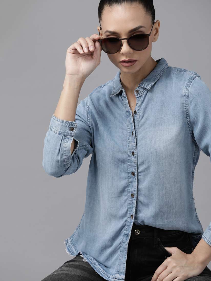 Buy The Roadster Lifestyle Co Women Blue Solid Denim Casual Shirt Shirts for Women 13339656 Myntra