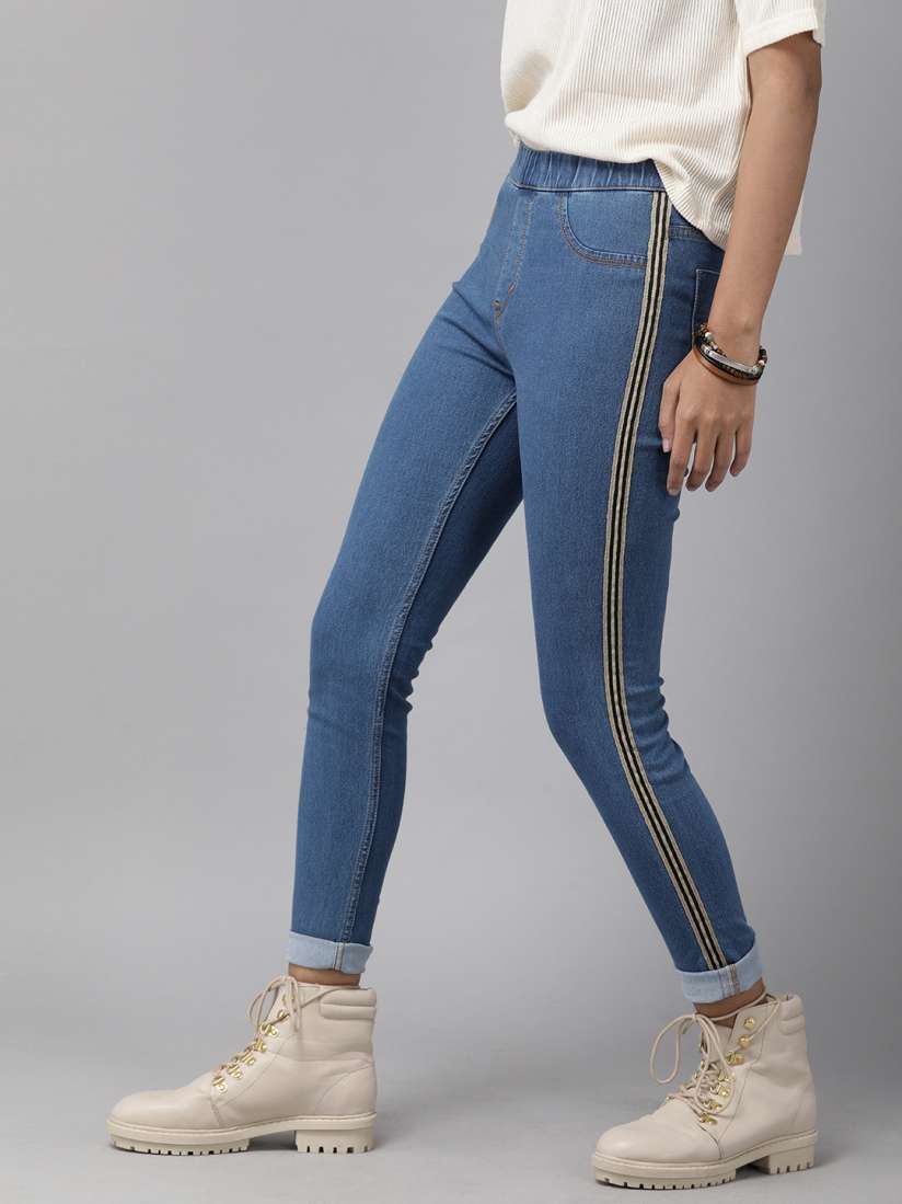 Buy The Roadster Lifestyle Co Women Blue Solid Mid Rise Side Striped Denim Jeggings Jeggings for Women 13339658 Myntra