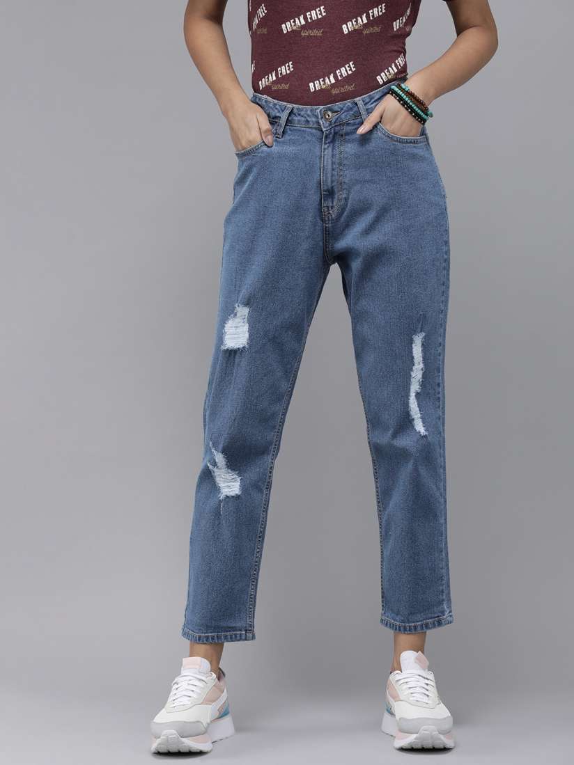 Buy The Roadster Lifestyle Co Women Blue Boyfriend Fit High Rise Mildly Distressed Stretchable Jeans Jeans for Women 13339702 Myntra