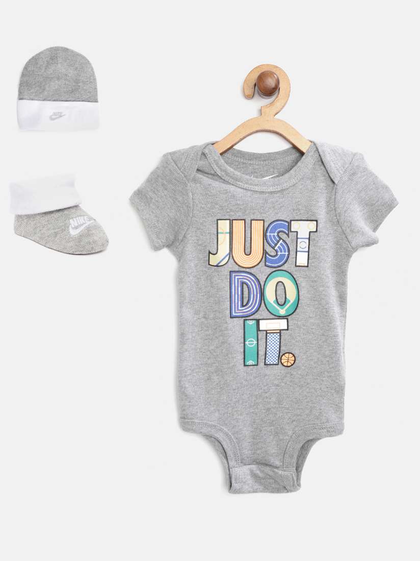 Buy Nike Infants Grey Melange Pure Cotton Typography Printed Bodysuit with Beanie Booties Baby Apparel Gift Set for Unisex Kids 13340514 Myntra