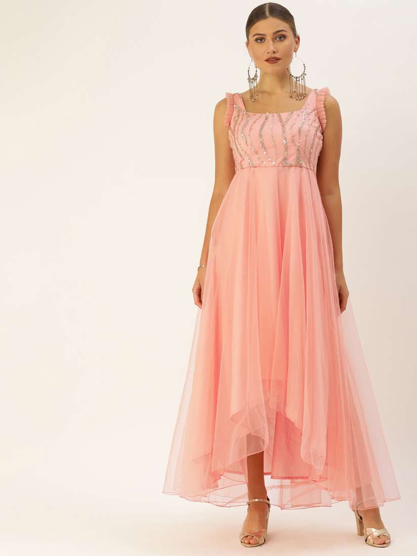 Buy Ethnovog Women Peach Coloured Made To Measure Embellished Maxi Dress with Gathers Ethnic Dresses for Women 13341052 Myntra