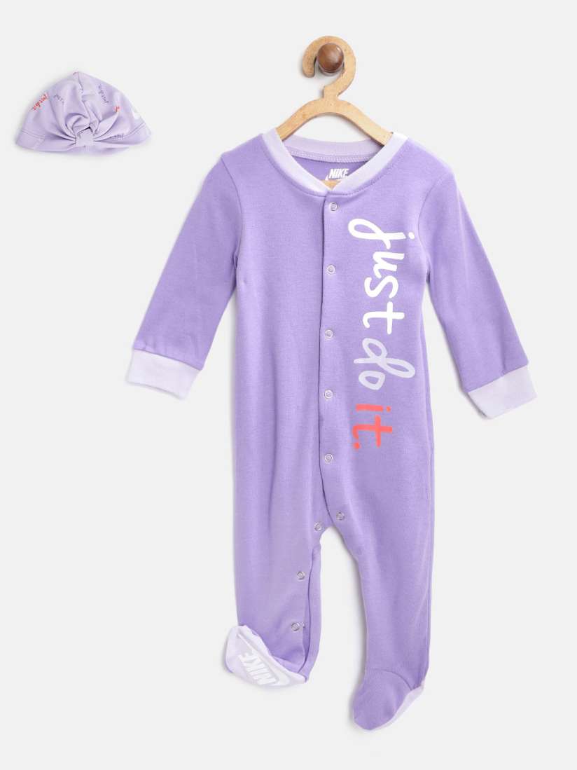 Buy Nike Infant Girls Lavender Pure Cotton Just Do It Footed Sleepsuit Beanie Baby Apparel Gift Set for Girls 13347410 Myntra