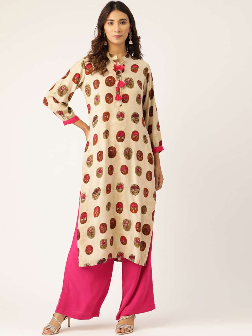 Buy Kurti s by Menka Women Beige Pink Printed Kurta with Palazzos Kurta Sets for Women 13362026 Myntra
