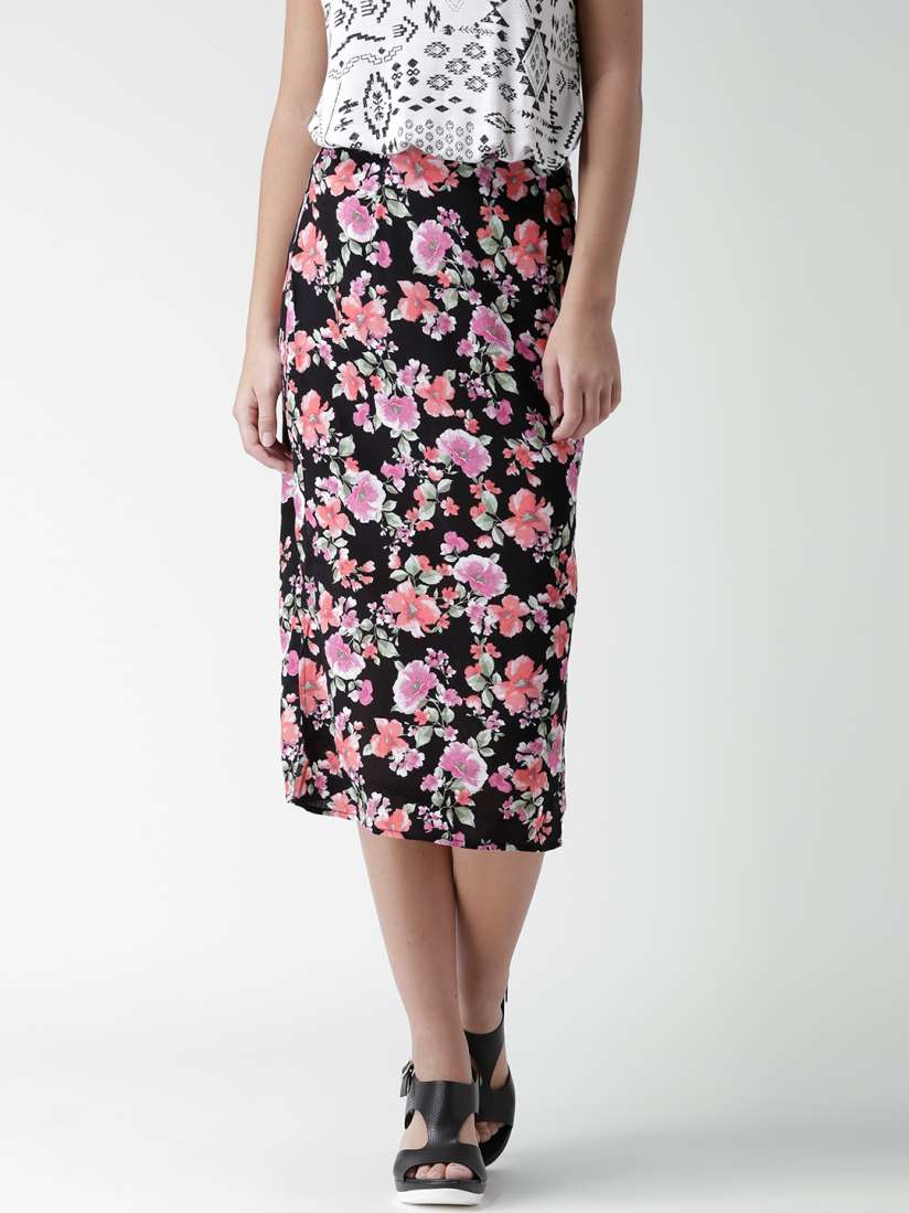 Buy FOREVER 21 Black Floral Print Midi Skirt Skirts for Women 1337619 Myntra