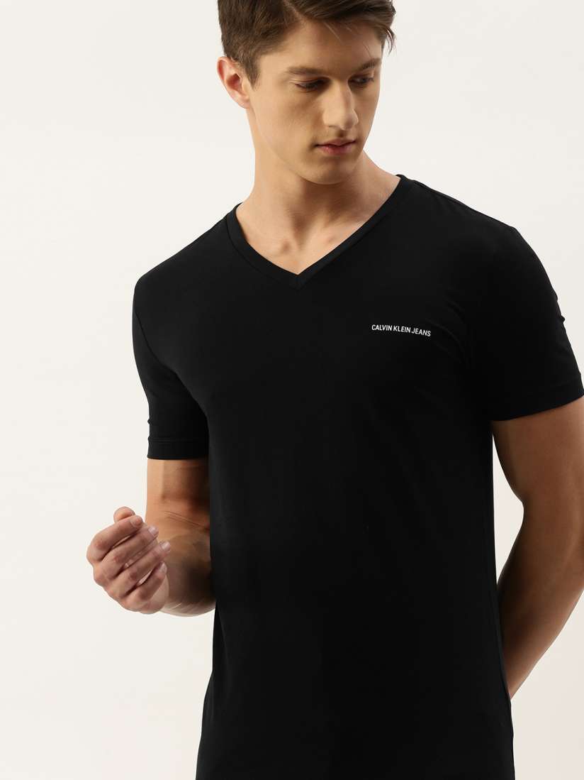 Buy Calvin Klein Jeans Men Black Slim Fit Solid V Neck T shirt with Printed Detailing Tshirts for Men 13398492 Myntra