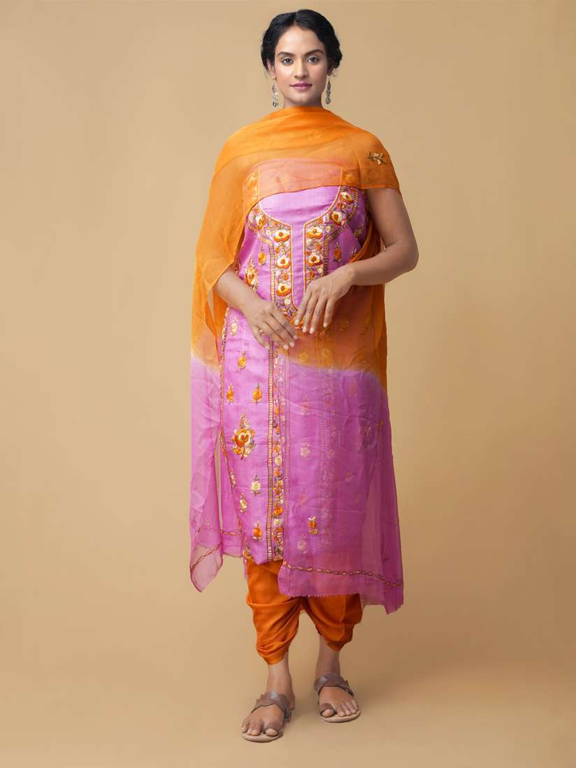Buy Unnati Silks Women Pink Orange Embroidered Unstitched Dress Material Dress Material for Women 13411864 Myntra