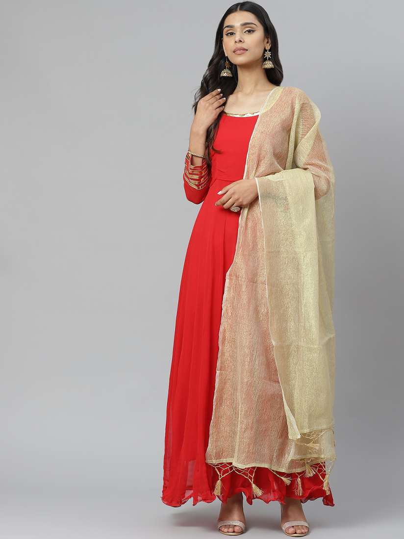 Buy Rangpur Women Red Golden Solid Kurta with Churidar Dupatta Kurta Sets for Women 13425674 Myntra