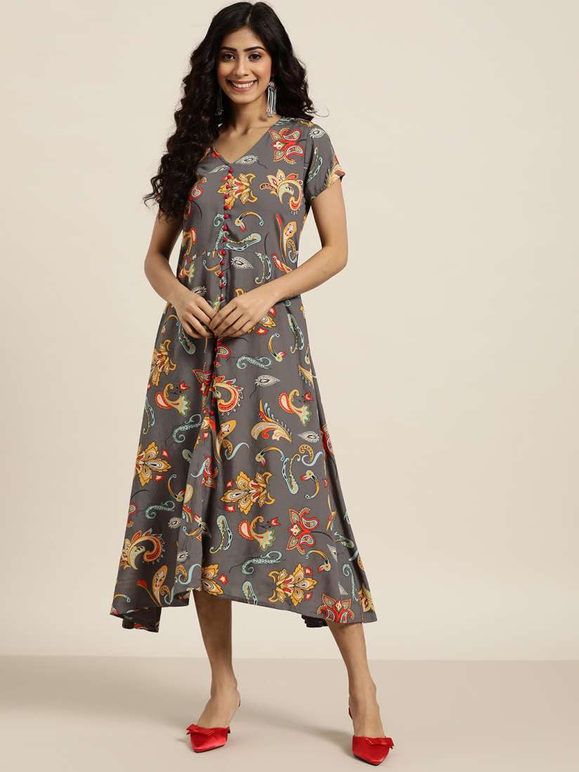 Buy Sangria Women Charcoal Grey Orange Printed A Line Dress Ethnic Dresses for Women 13437272 Myntra