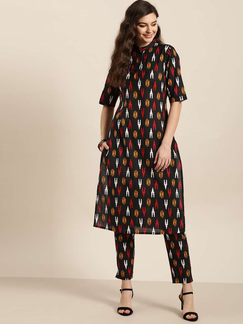 Buy Sangria Women Black Red Pure Cotton Geometric Printed Kurta with Trousers Kurta Sets for Women 13437292 Myntra