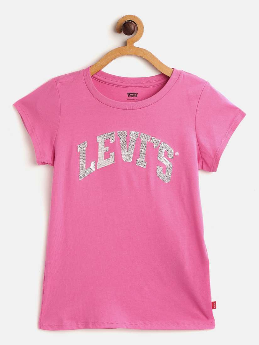 Buy Levis Girls Pink Silver Brand Logo Sequinned Round Neck Pure Cotton T shirt Tshirts for Girls 13439424 Myntra