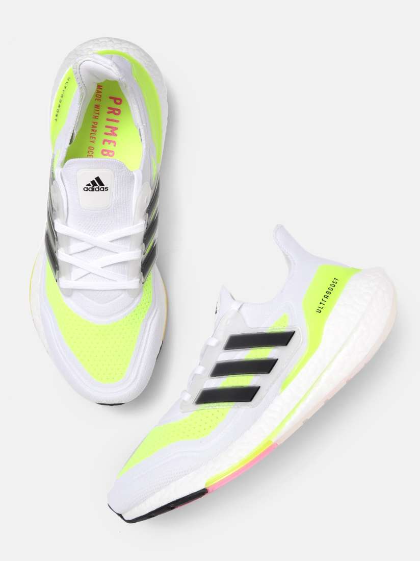 Buy ADIDAS Men White Fluorescent Green Woven Design UltraBoost 21 Running Shoes Sports Shoes for Men 13444554 Myntra