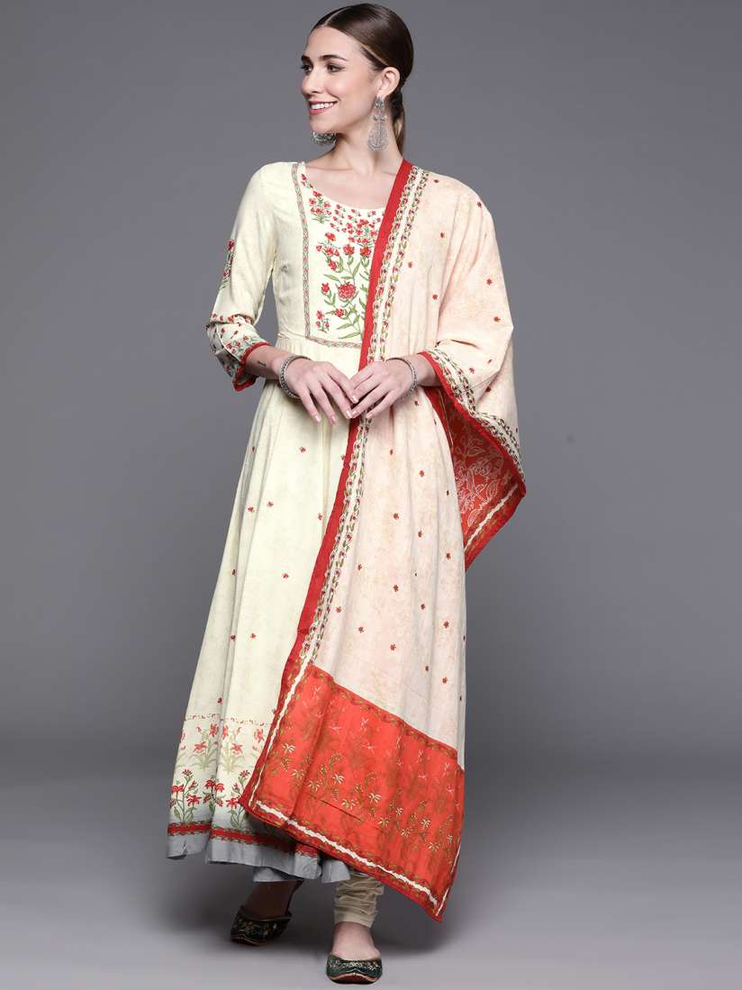 Buy Biba Women Cream Coloured Red Floral Printed Panelled Kurta with Churidar Dupatta Kurta Sets for Women 13446222 Myntra
