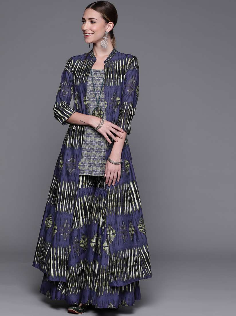 Buy Biba Women Navy Blue Off White Printed Pure Cotton Kurti with Sharara Ethnic Jacket Kurta Sets for Women 13446534 Myntra