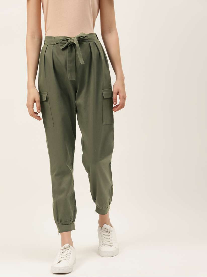 Buy Off Label Women Olive Green Regular Fit Solid Cropped Cargo Joggers Trousers for Women 13451896 Myntra