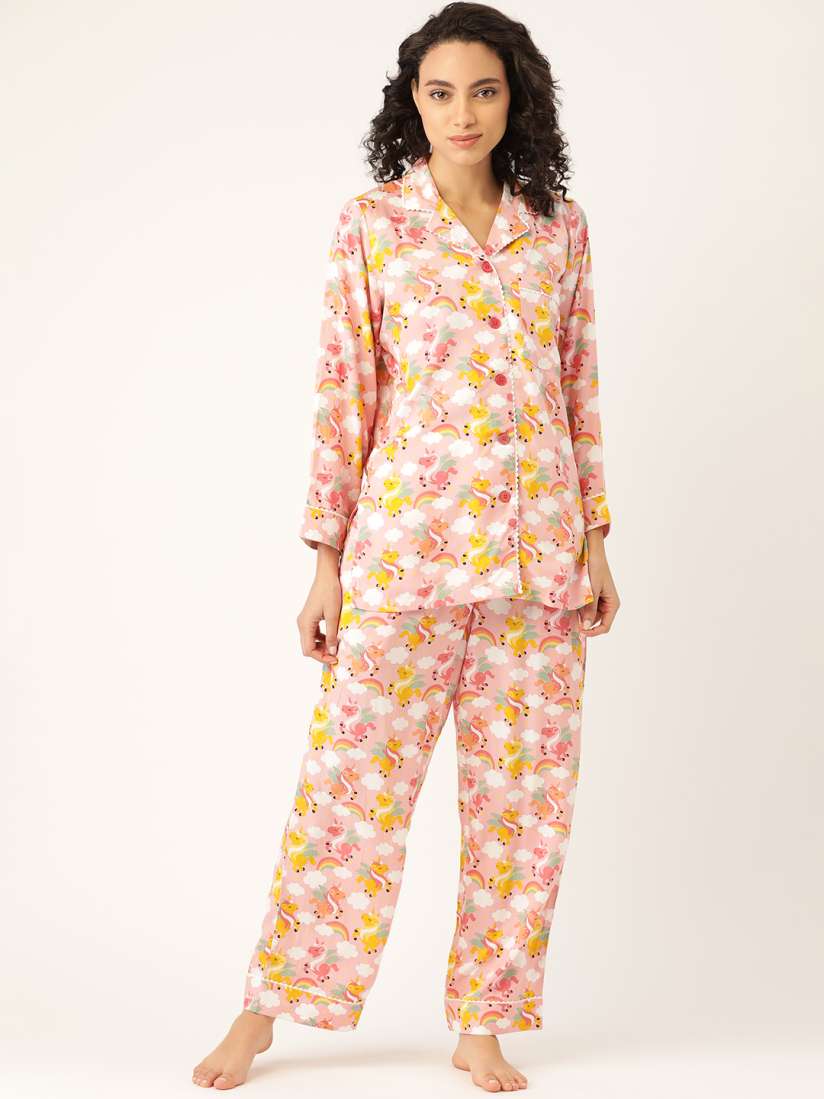 Buy COTCLO Women Pink Yellow Unicorn Print Night suit Night suits for Women 13452208 Myntra