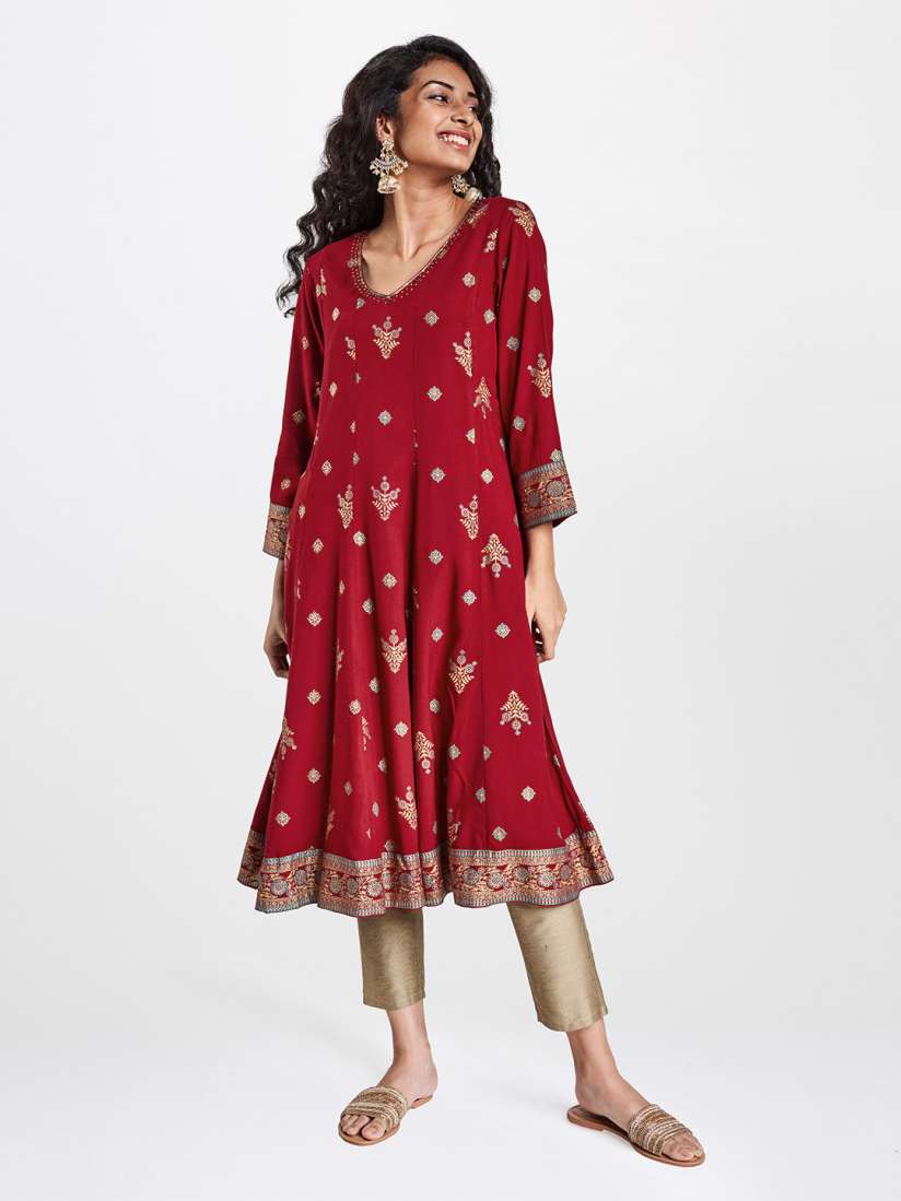 Buy Global Desi Women Maroon Golden Printed Ecovero A Line Kurta Kurtas for Women 13463872 Myntra