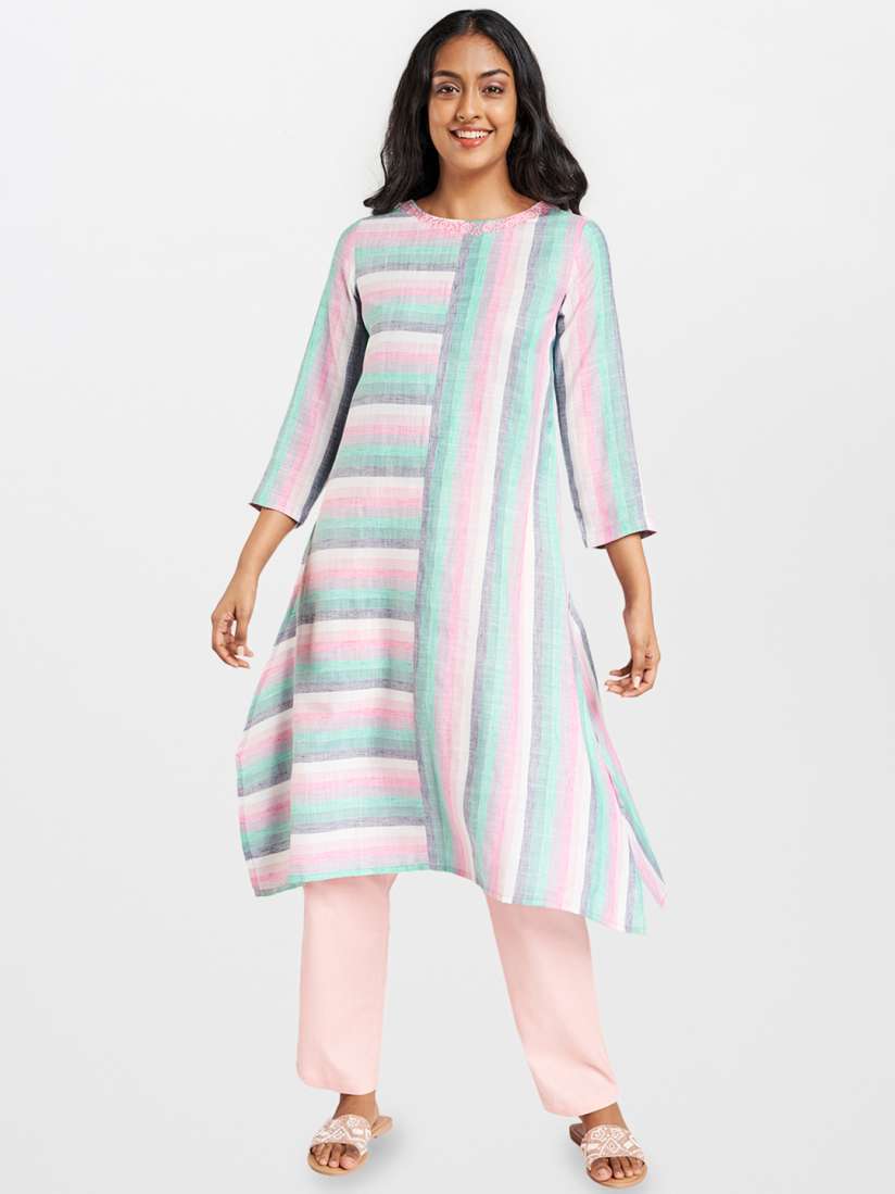 Buy Global Desi Women Green Pink Pure Cotton Striped A Line Kurta Kurtas for Women 13464086 Myntra