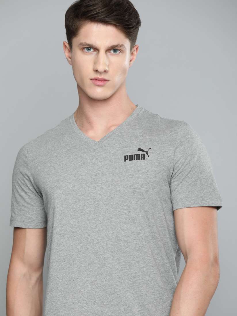 Buy Puma Men Grey Melange Solid ESS V Neck Pure Cotton T shirt Tshirts for Men 13502730 Myntra
