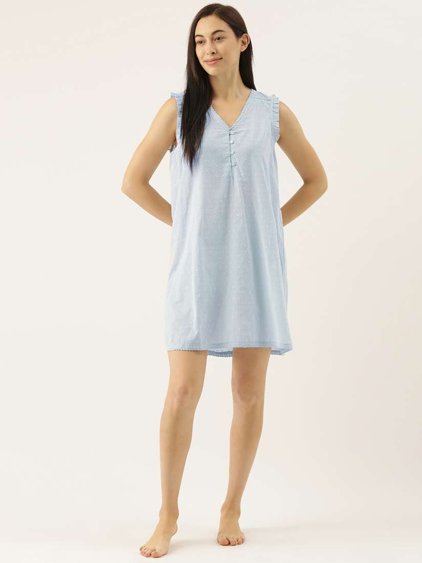 Buy Slumber Jill Blue Self Design Caira Dobby Pure Cotton Nightdress Nightdress for Women 13505710 Myntra
