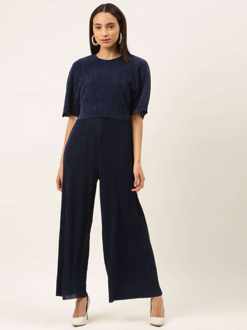 Buy Madame Women Navy Blue Micro Accordian Pleated Layered Basic Jumpsuit Jumpsuit for Women 13519906 Myntra