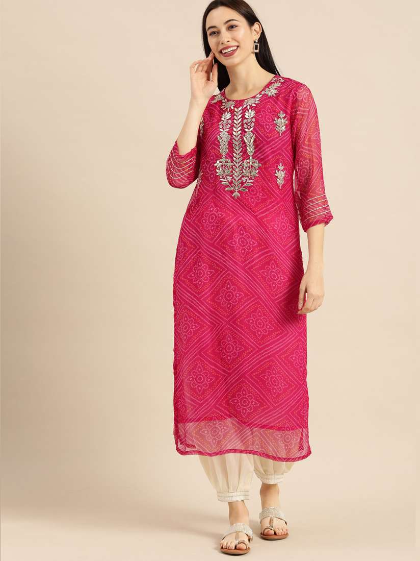 Buy Varanga Pink Bandhej Gotta Patti Embroidery Yoke Sequin Straight Kurta Kurtas for Women 13523728 Myntra