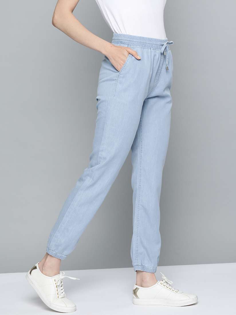 Buy Chemistry Women Blue Regular Fit Solid Chambray Joggers Trousers for Women 13526764 Myntra