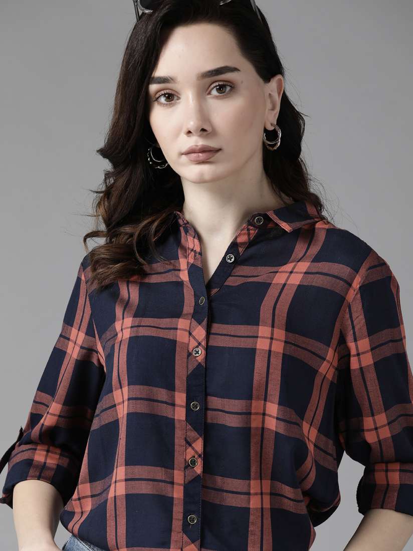 Buy Roadster Women Navy Blue Pink Checked Pure Cotton Casual Shirt Shirts for Women 13530536 Myntra