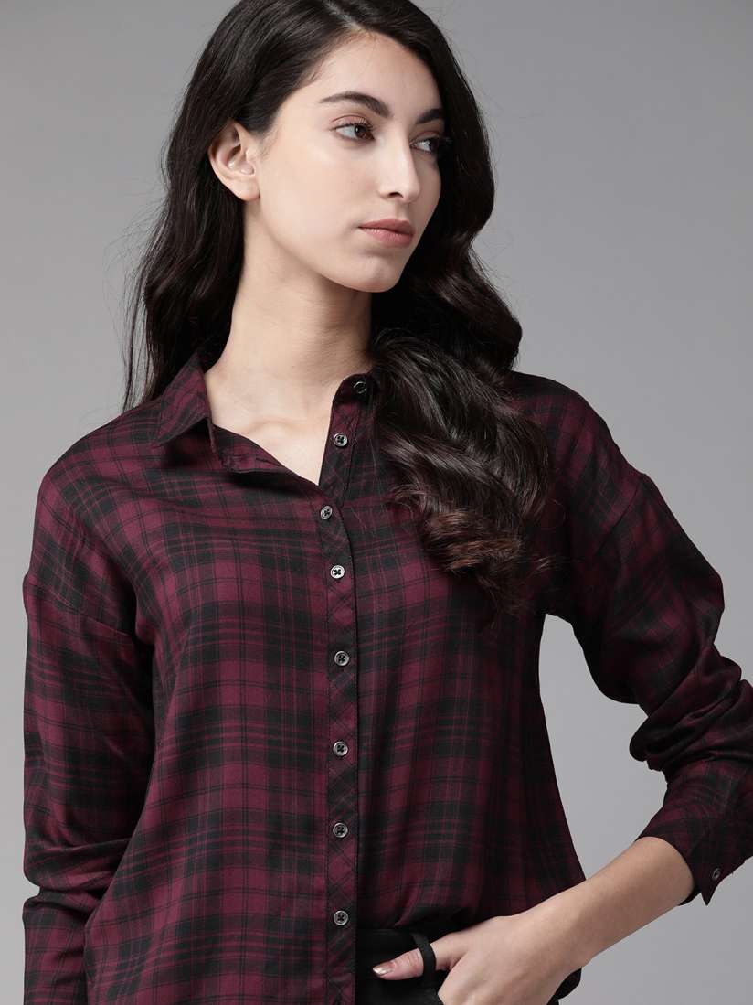 Buy The Roadster Lifestyle Co Women Burgundy Black Regular Fit Checked High Low Casual Sustainable ECOVERO Shirt Shirts for Women 13530568 Myntra