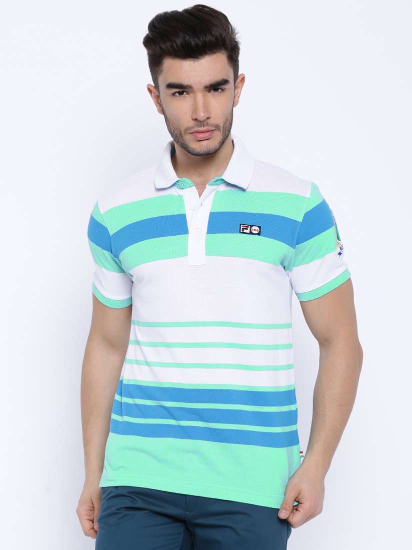 Buy FILA White Green Striped Polo Pure Cotton T shirt Tshirts for Men 1353903 Myntra