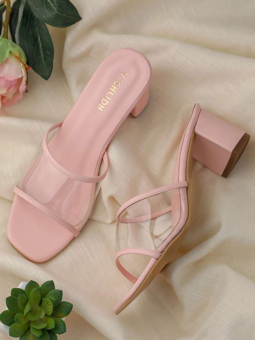 Fuchsia Open Toe Transparent PVC Strap Block Heel Sandals