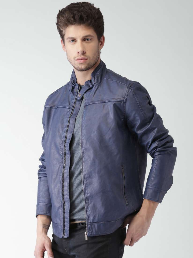 Buy Mast Harbour Blue Faux Leather Biker Jacket Jackets for Men 1357992 Myntra