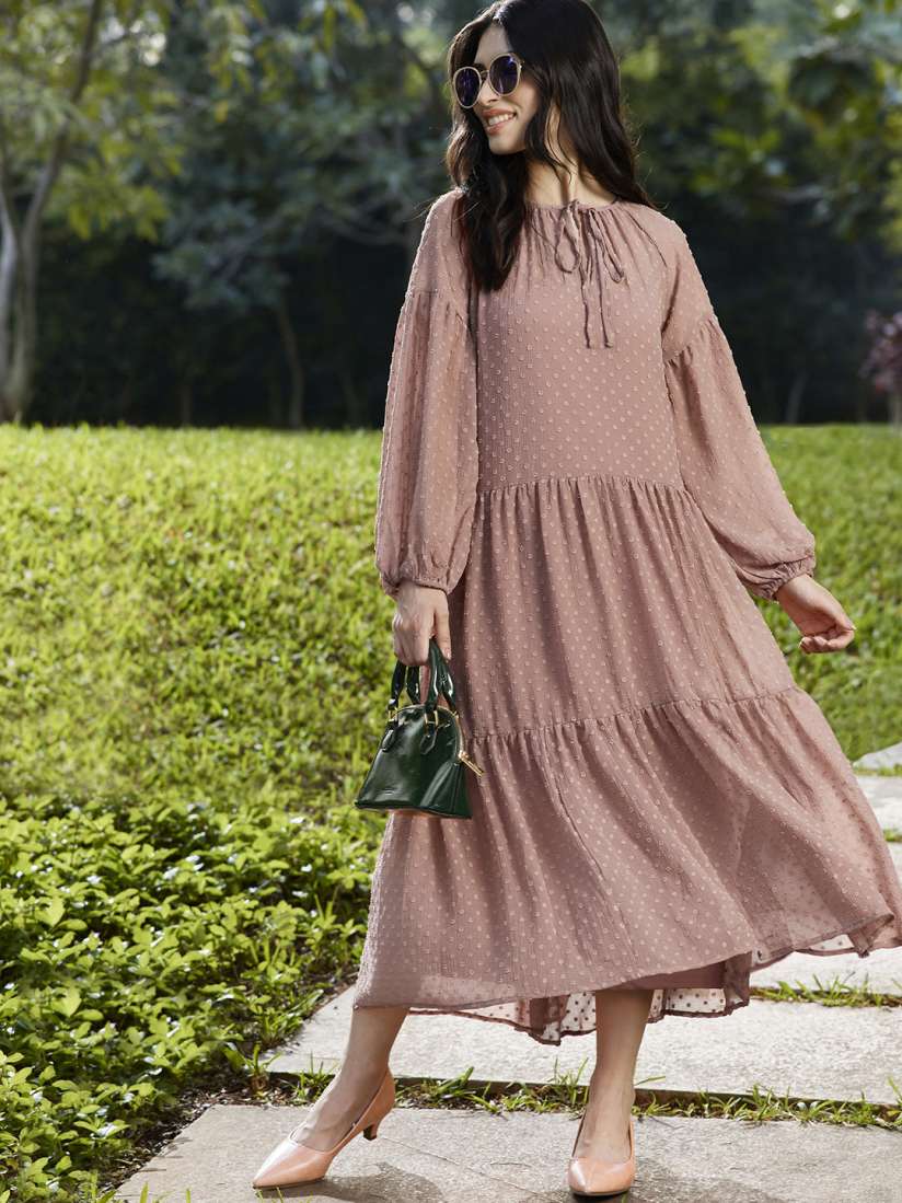 Buy SASSAFRAS Women Dusty Pink Dobby Weave Tiered Midi Dress Dresses for Women 13581146 Myntra