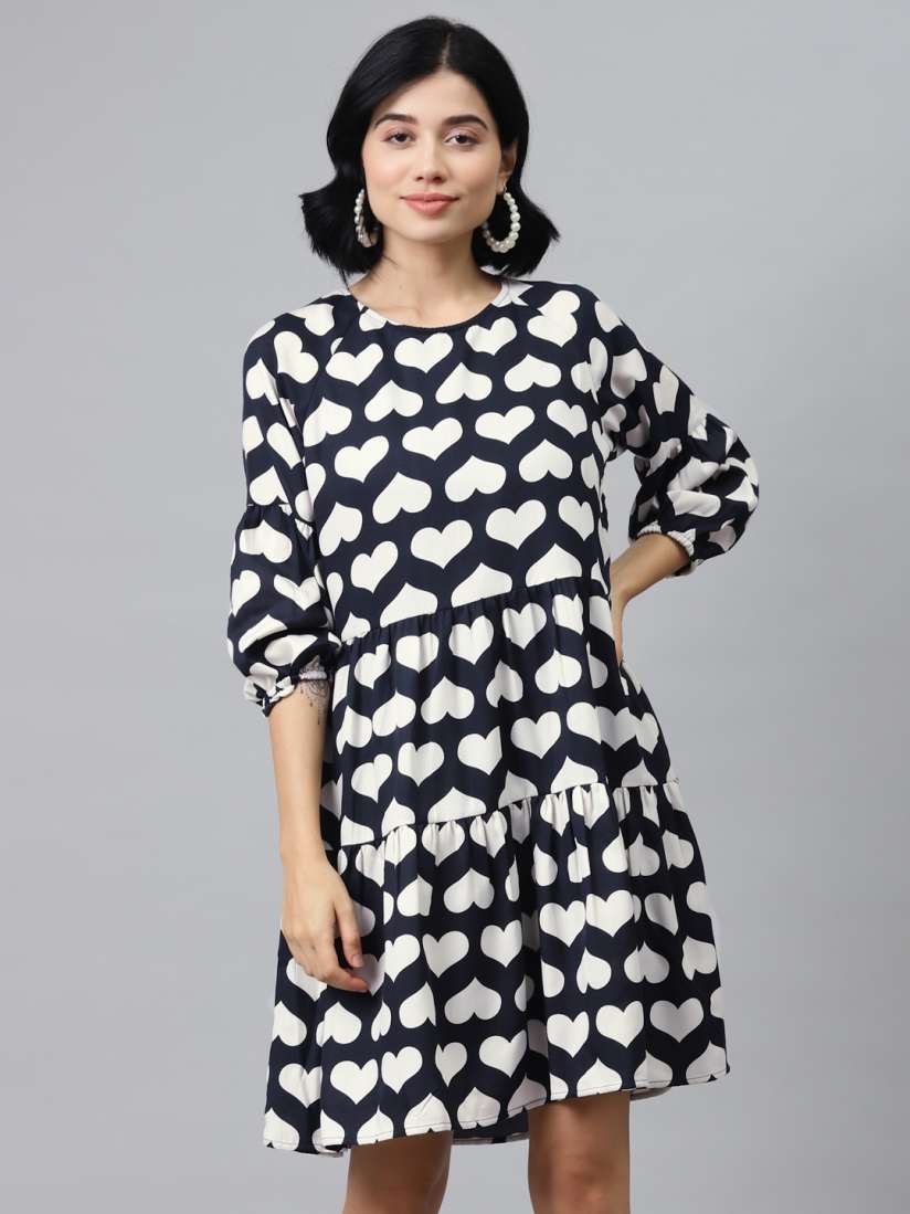 Buy SASSAFRAS Women Navy Blue White Heart Shaped Printed Tiered A Line Dress Dresses for Women 13581200 Myntra