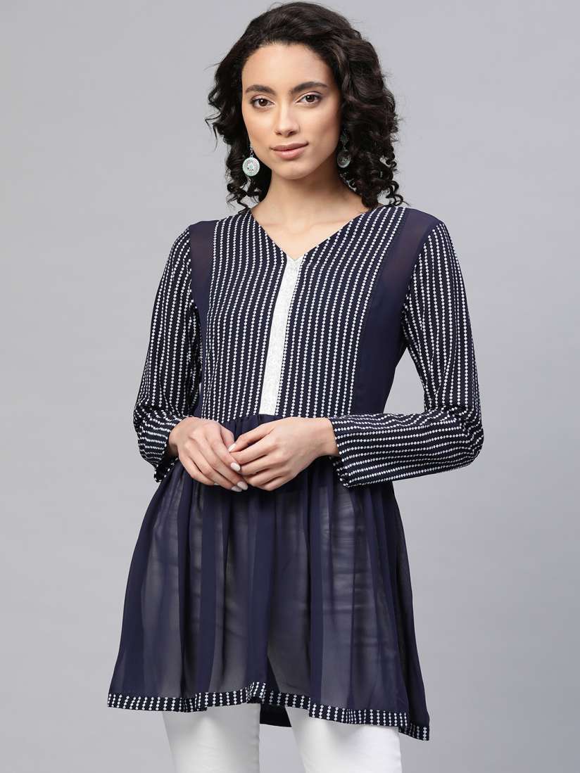 Buy Ahalyaa Women Navy Blue White Printed Semi Sheer Kurti Kurtis for Women 13581428 Myntra