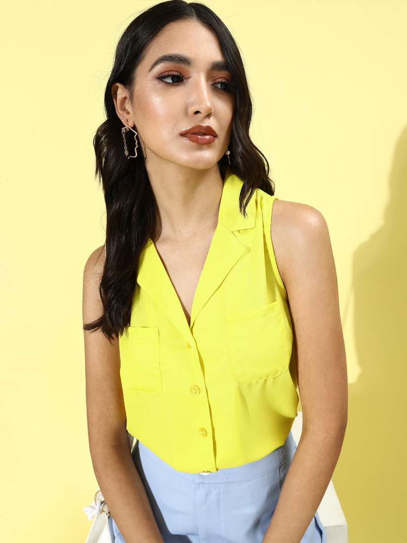 Buy DressBerry Women Bright Yellow Solid Pockets Please Shirt Shirts for Women 13614686 Myntra